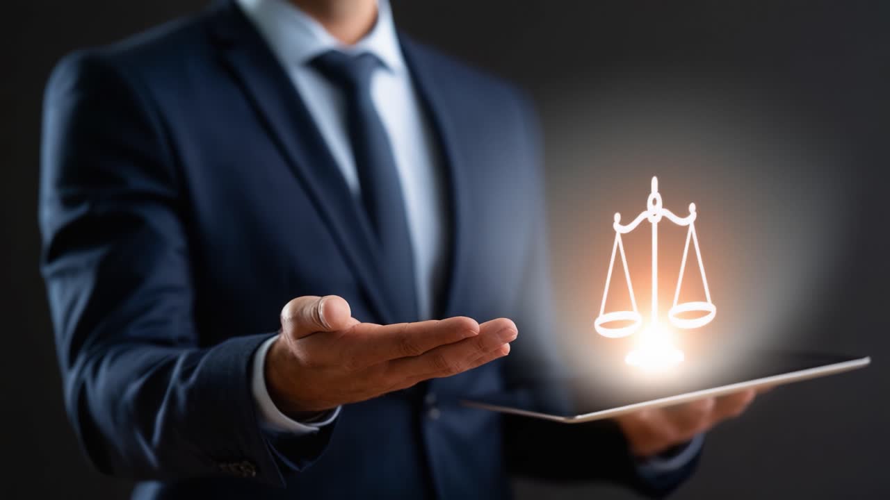 Um Profissional em Traje Formal Apresentando um Tablet Digital com um Símbolo Iluminado da Justiça, Enfatizando a Importância da Lei e da Equidade.