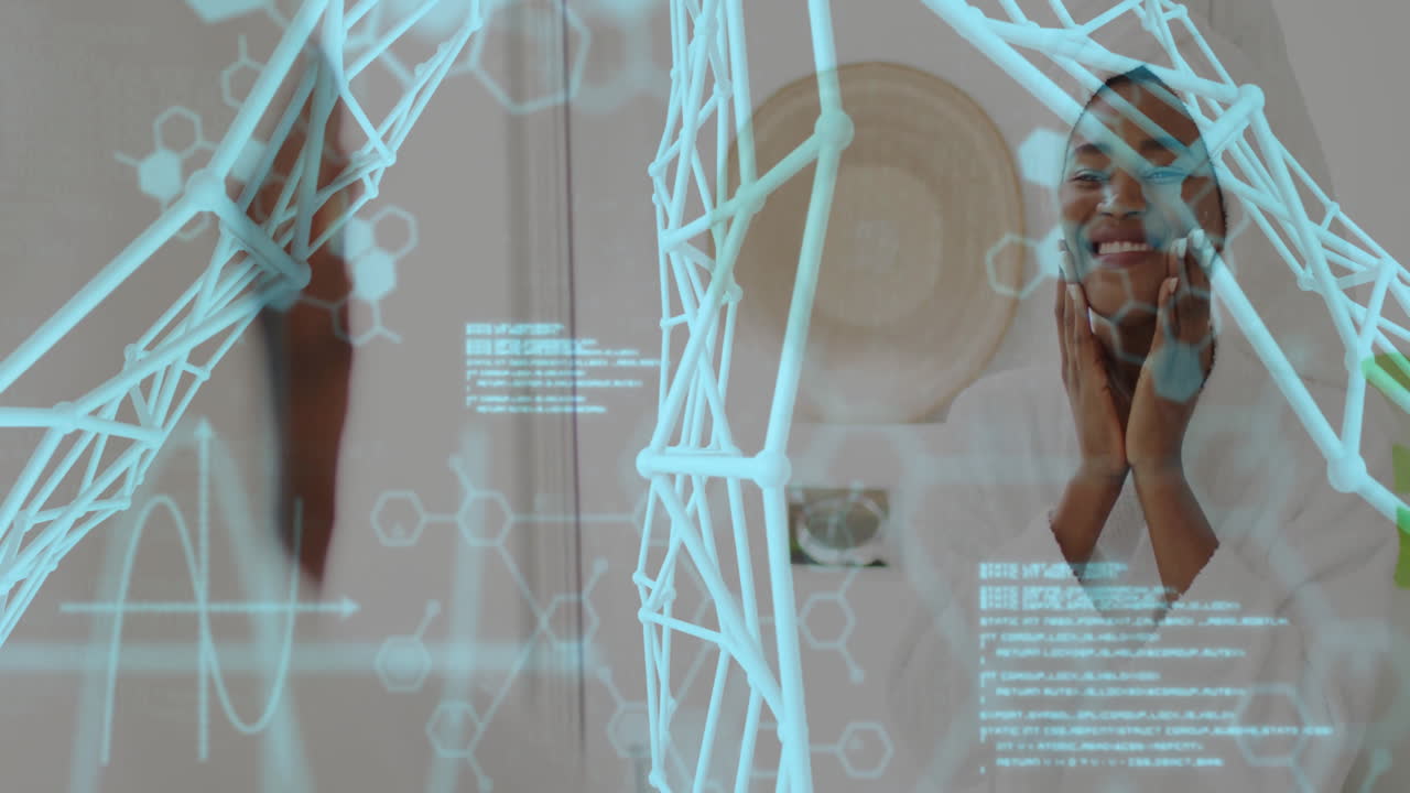 Examining face in mirror, woman viewing animation of digital data overlays