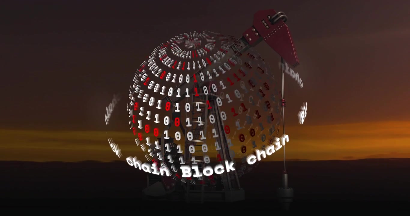 Digital Blockchain Sphere Encircling an Oil Pumpjack at Sunset