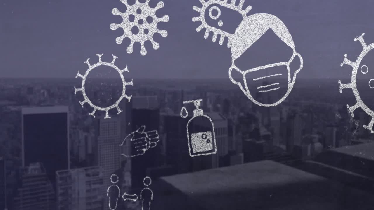 코로나바이러스 콘셉트 아이콘과 도시 풍경