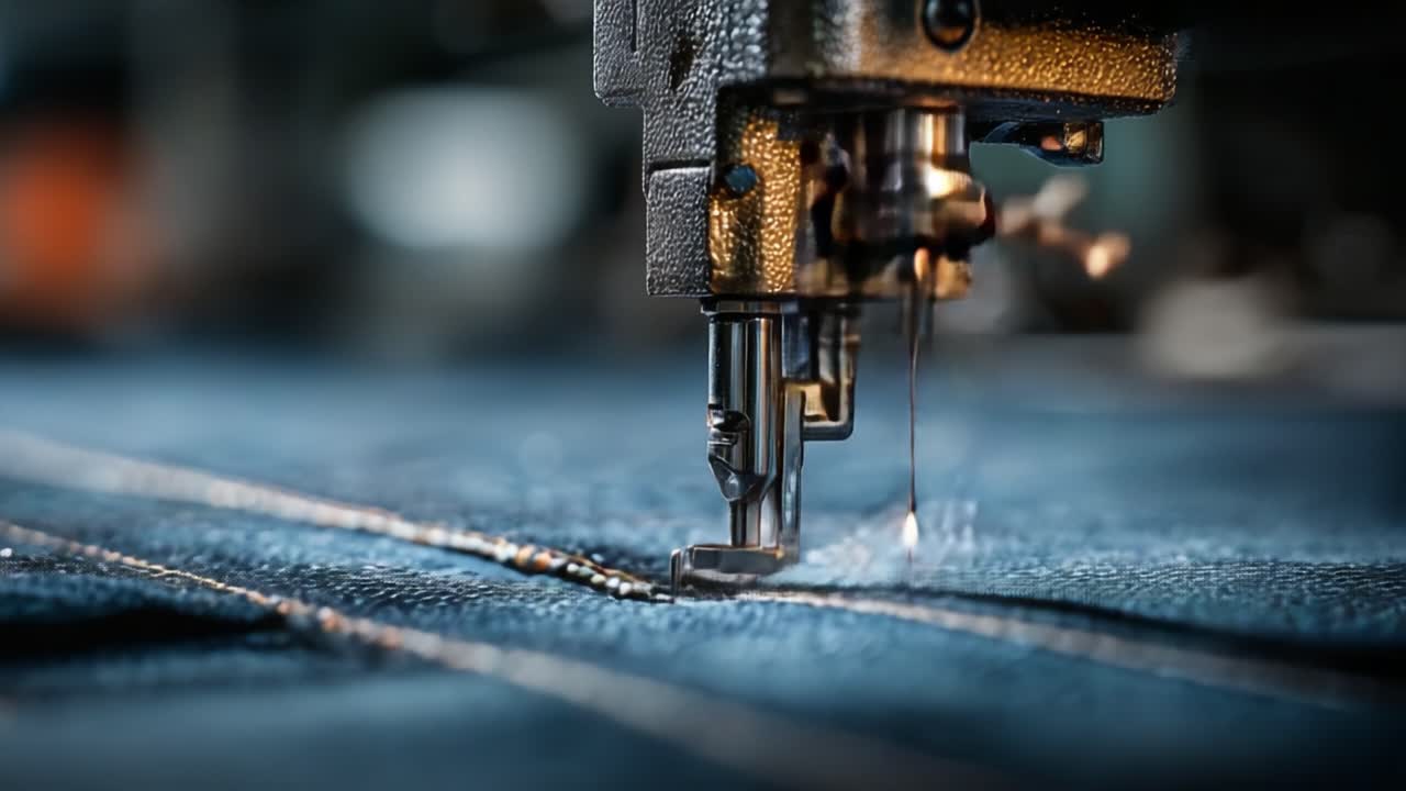 Close-ups de uma Máquina de Costura Industrial Criando Pontos Precisos em Tecido Jeans com Carretéis de Linha ao Fundo