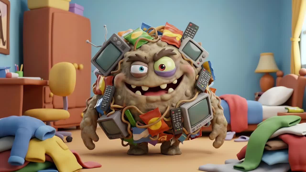 Mostro dei cartoni animati fatto di spazzatura ed elettronica