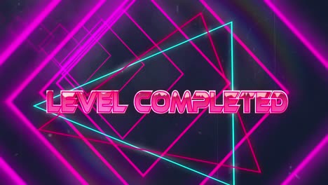 Animation-of-pink-neon-geometrical-shapes-over-level-completed-text