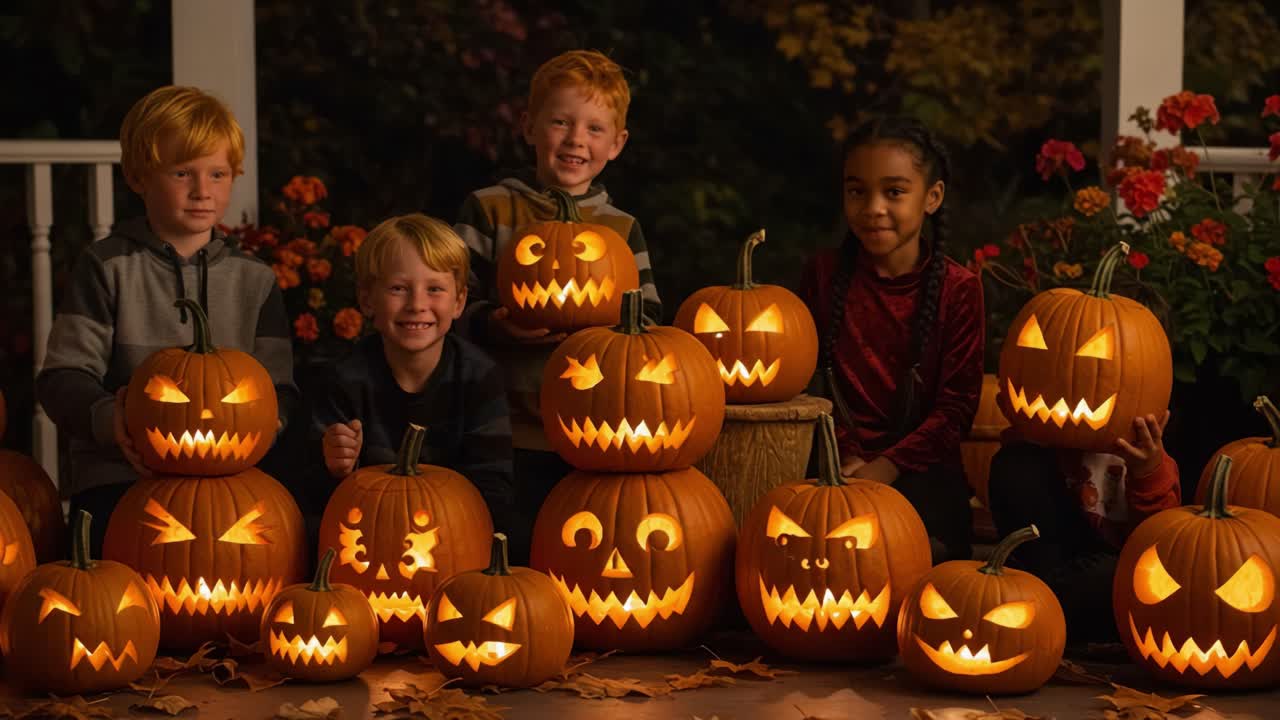 Delightful Halloween Decorations: A Group of Children Enjoying an Evening with Their Hand-Carved Jack-O'-Lanterns Brightly Glowing in the Night