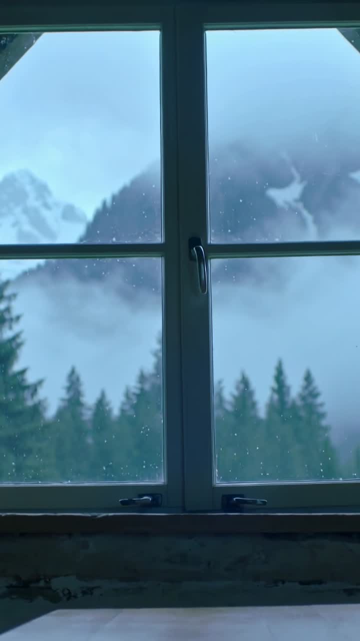 Vertical video: Showing cabin four-pane window, camera shifting up revealing foggy peaks and drops
