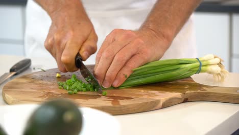 Schneiden-Sie-Frühlingszwiebeln-Auf-Einem-Schneidebrett,-Um-Sie-Als-Garnitur-Für-Das-Zoodle-Gericht-Zu-Verwenden