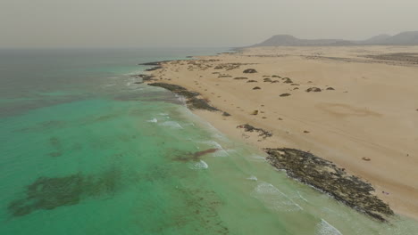 aerial view in orbit over the shore of corralejo beach on the island of fuerteventura on a sunny day