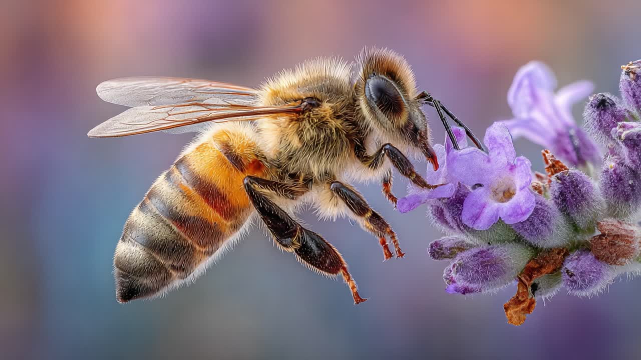 A Beautiful Honey Bee Interacting with Lavender Flowers, Showcasing Nature's Vital Pollination Process and the Importance of Biodiversity in Ecosystems