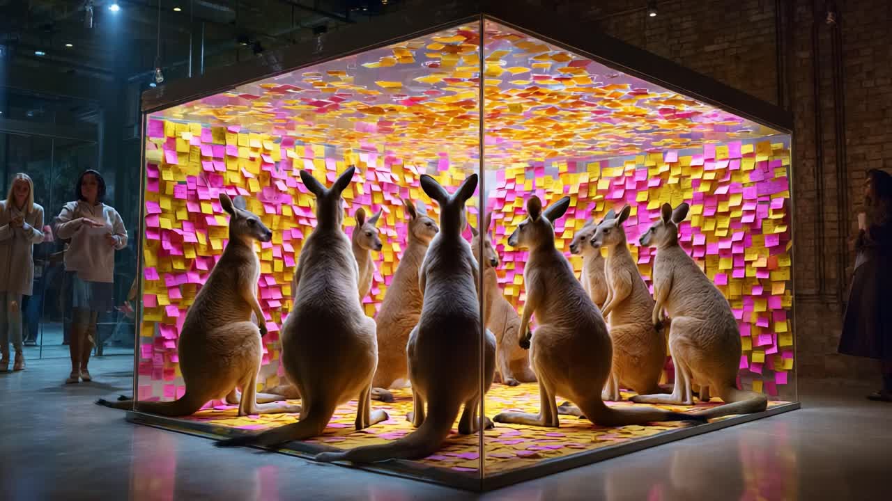 A Unique Art Installation Featuring Kangaroos Surrounded by Colorful Sticky Notes in a Modern Gallery Setting, Capturing Viewer Attention with Its Vibrant Arrangement and Quirky Theme