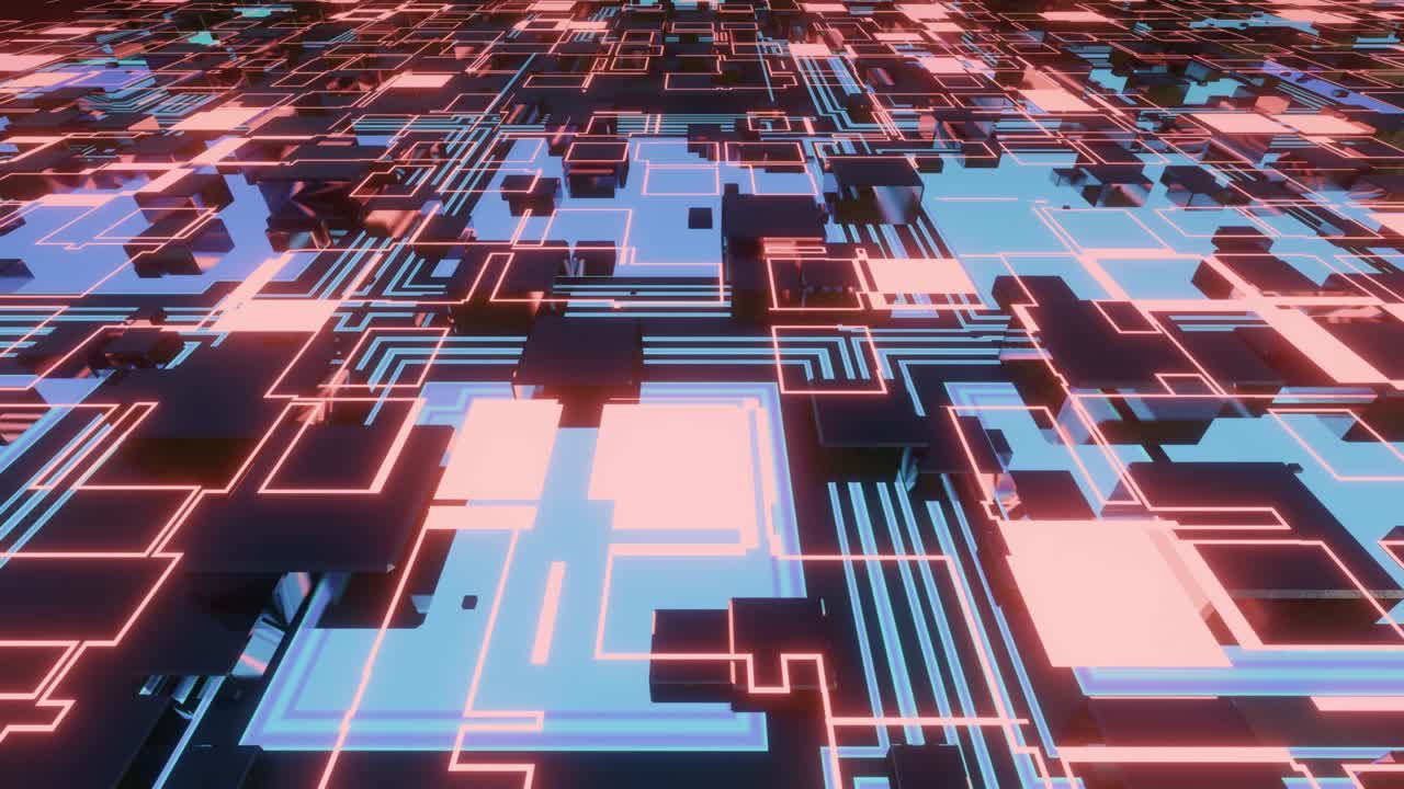 animación en bucle 4k. vuelo sobre patrón de alta tecnología en superficie plana, brillo de neón, elementos y estructura complejos. objetos 3d forman superficie de ciencia ficción patrón 3d. tecnología de la información, hardware futurista