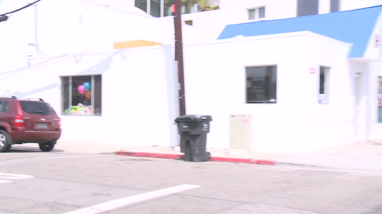 뒷 창문을 통해 보이는 베니스 캘리포니아의 거리를 따라 자동차가 이동합니다.