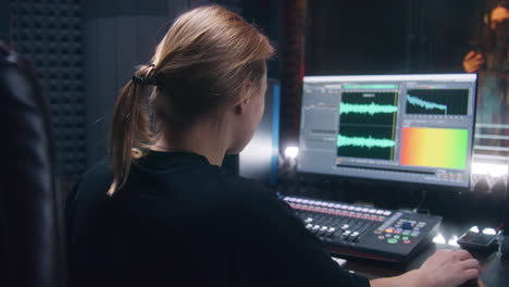 Female-Sound-Engineer-Uses-Control-Mixing-Surface-and-Computer