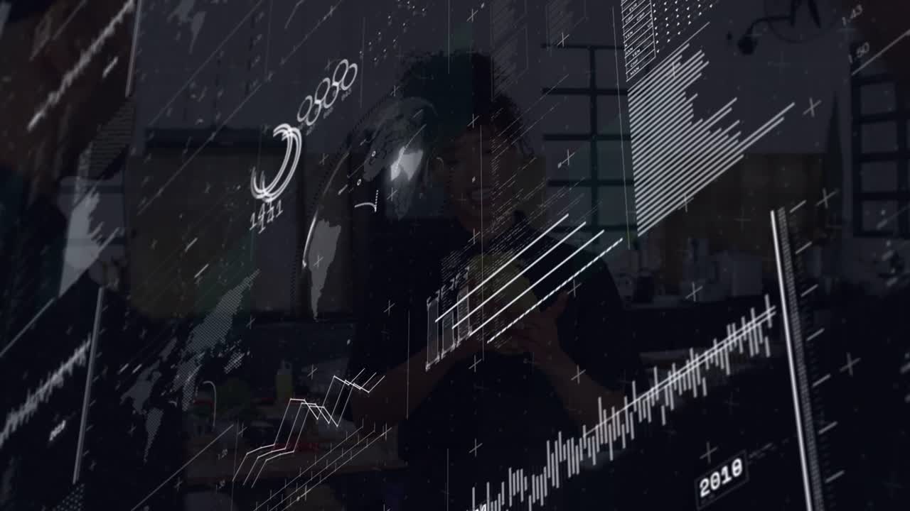Man holding phone lifting it, starting line charts bars and waves across glass checking finance