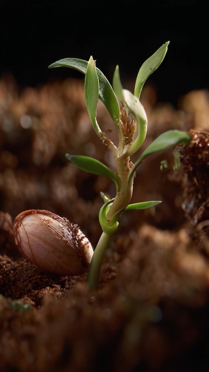 Uma vista em close-up de uma jovem planta brotando do solo, exibindo suas delicadas folhas verdes e a semente da qual emergiu, simbolizando nova vida e crescimento.