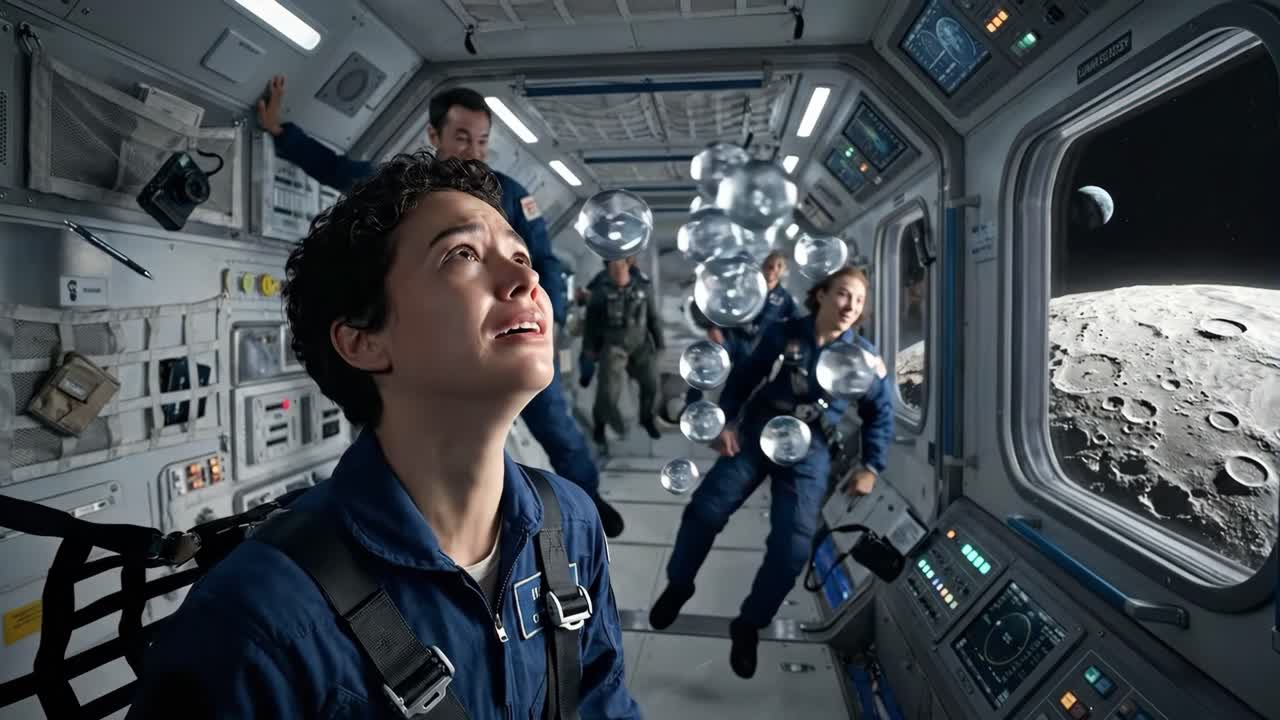 Crying Astronaut in Spaceship with Floating Crew and Lunar View