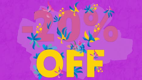 animation of minus 20 percent in pink on floral pattern over purple background