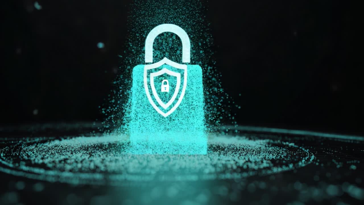 A visualization of digital security concepts, depicting a shield and a lock as symbols of protection and cybersecurity, created using vibrant particles and a mysterious dark background