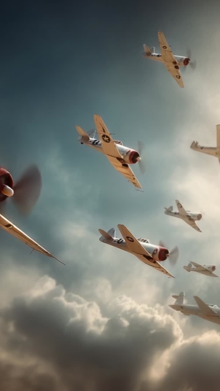 Spettacolare esibizione aerea di aerei da caccia d'epoca che volano attraverso un paesaggio di nuvole mozzafiato, mettendo in mostra il loro design storico e la bellezza dell'aviazione nel cielo