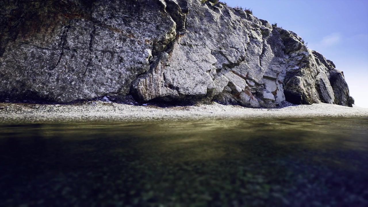 Acqua bassa verdastra che circonda rocce calcaree fessurate sotto il sole di mezzogiorno.