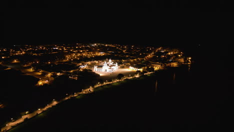 aerial drone pushes in on el rocio church at night. southern spain