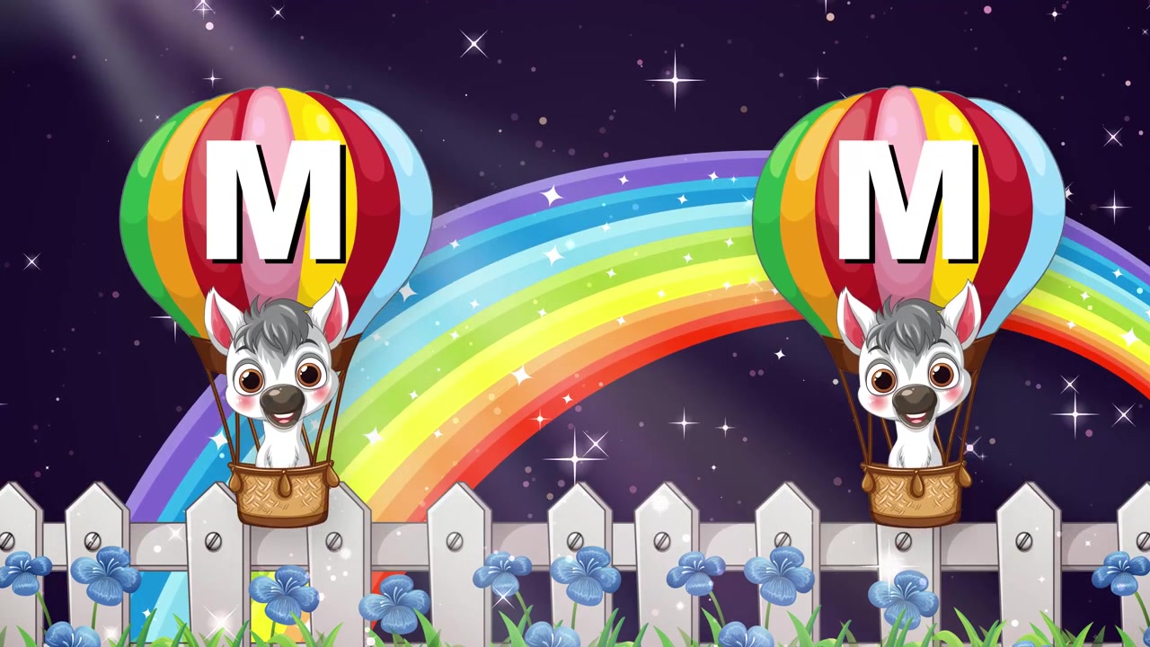 Animated cute animals in colorful hot air balloons float across a starry night rainbow background.