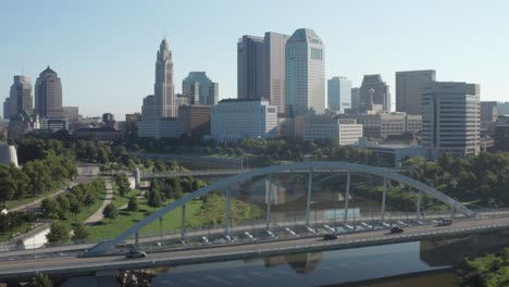 columbus, ohio skyline wide shot with with drone video moving up