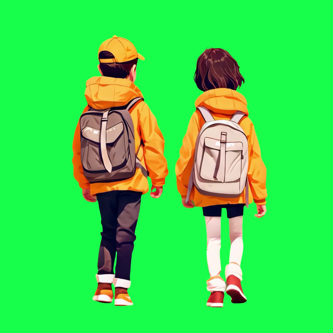 Children walking with backpacks animation, transparent 4K video, green screen