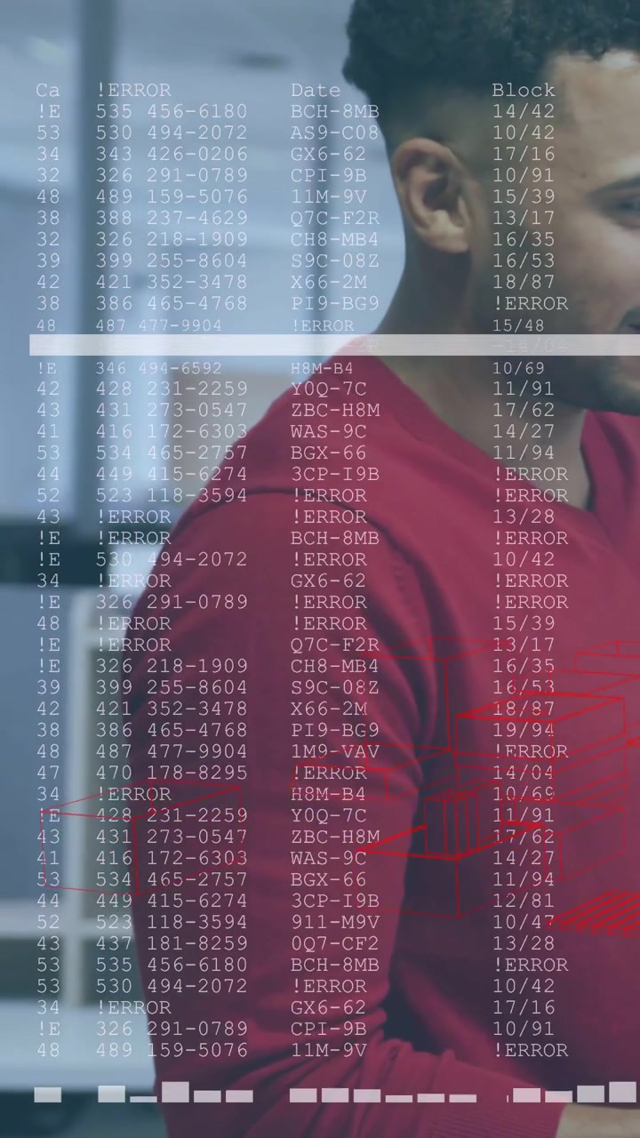 Vertical video: Man in red standing in business while system detecting error overlay covering him