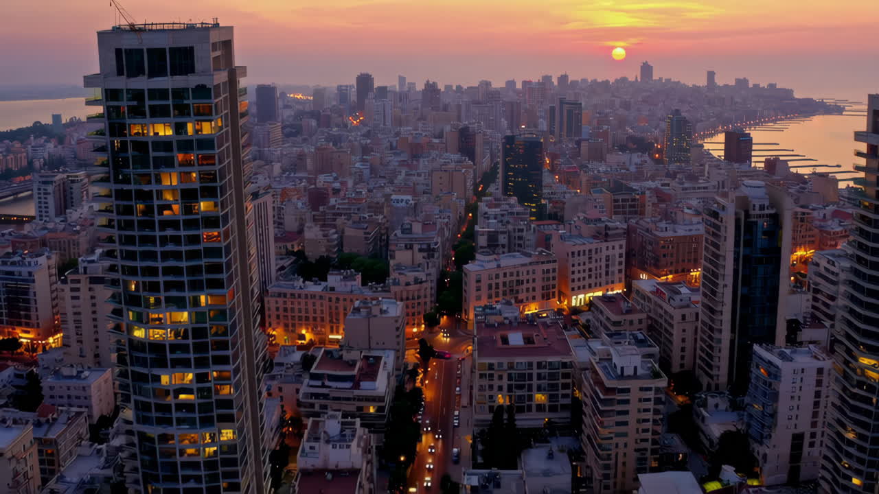 Tramonto mozzafiato su uno skyline cittadino vivace con edifici illuminati e viste costiere