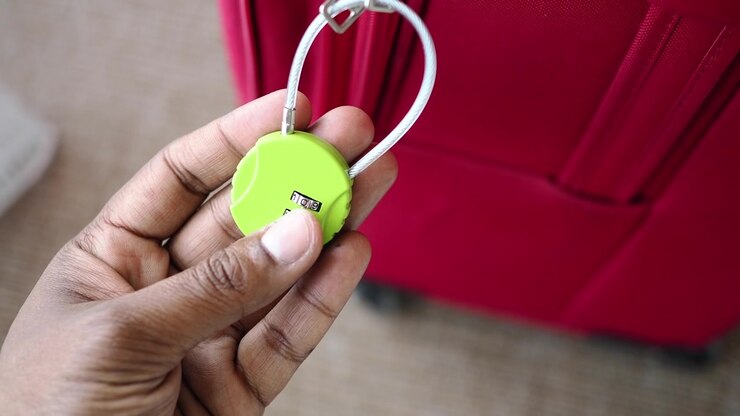 Person Adjusting Combination Lock on Red Suitcase