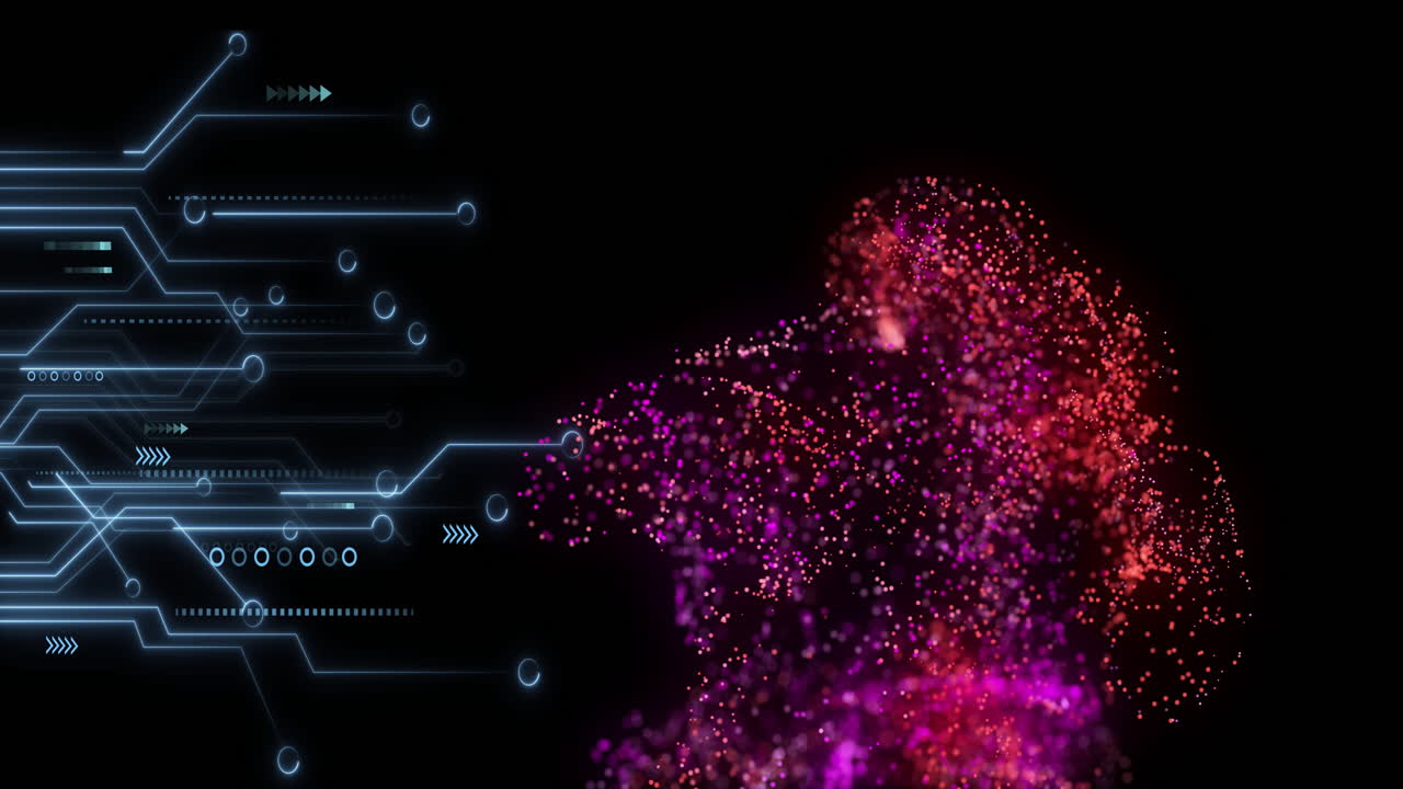 Animation of digital particles forming abstract shape with circuit lines on black background