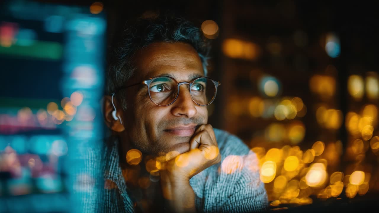 A Pensive Businessman Reflecting on Futuristic Data Insights in a Modern Office, Illuminated by City Lights at Night