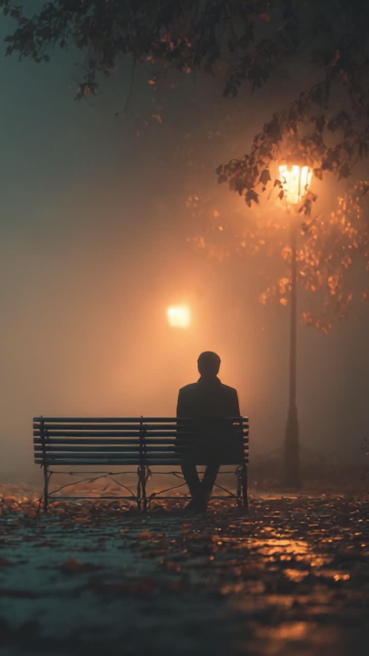 A solitary figure sits on a bench in a foggy park, illuminated by street lamps, capturing the essence of solitude and contemplation amidst a serene nighttime atmosphere