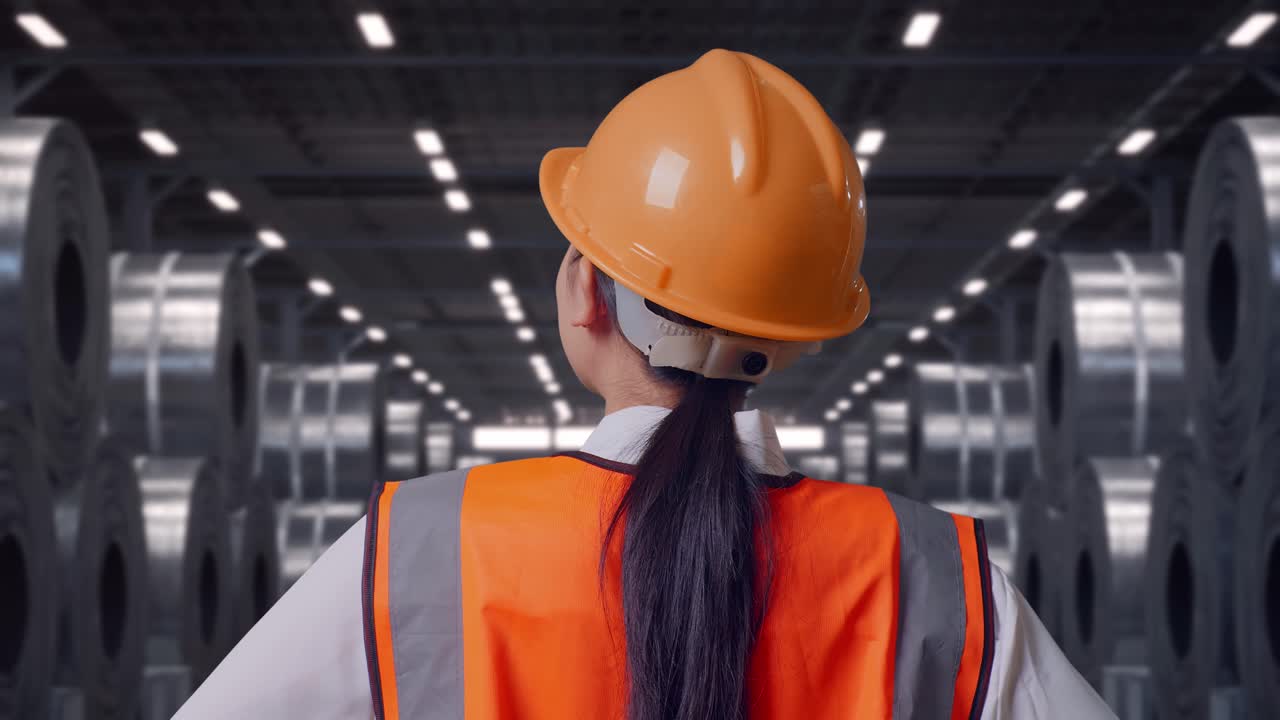 Primer plano de espalda de ingeniera llevando casco de seguridad, mirando alrededor mientras está de pie con las manos en las caderas, junto a pilas de enormes bobinas de acero metálico en un almacén.