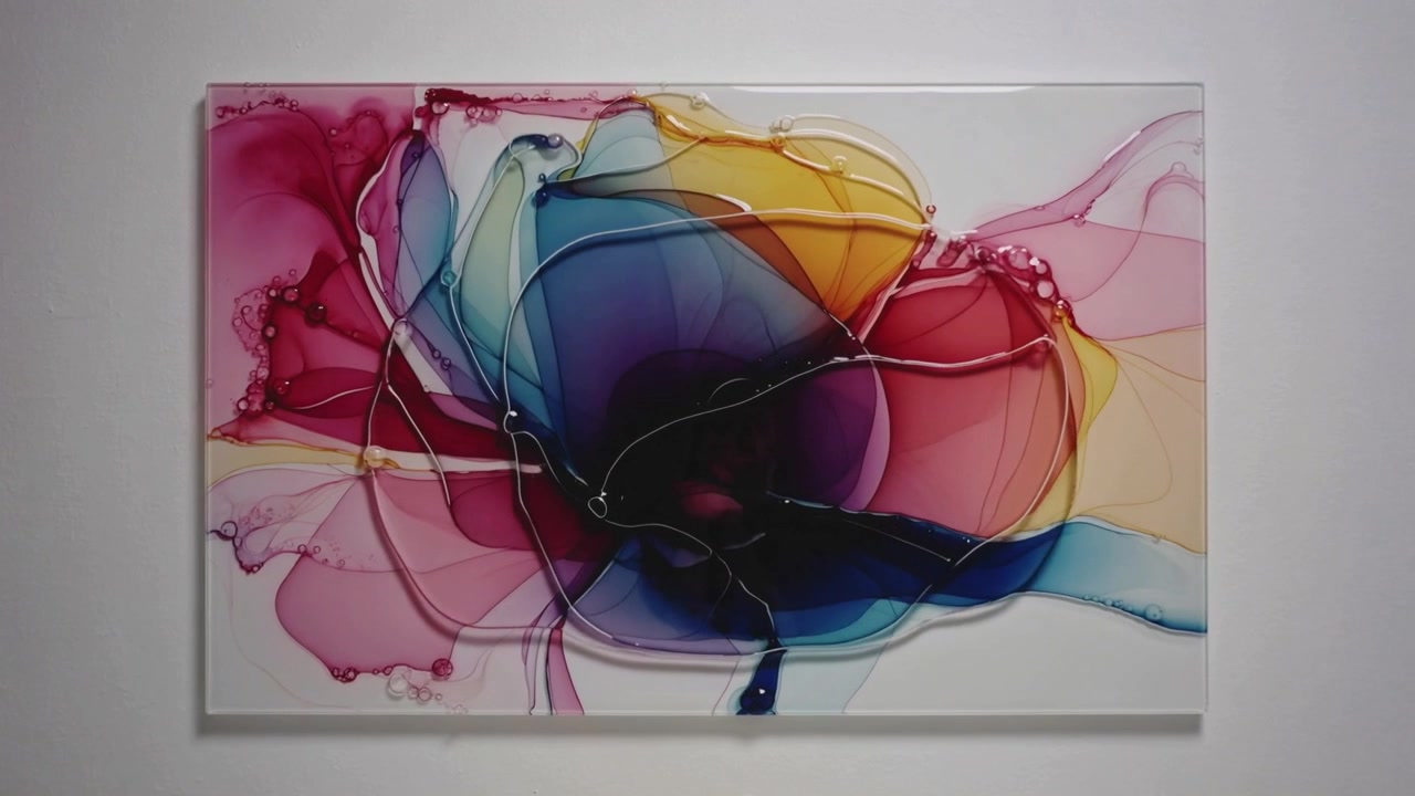 Frames showing framed canvas spreading, blending sheer washes on white wall, revealing glossy lines