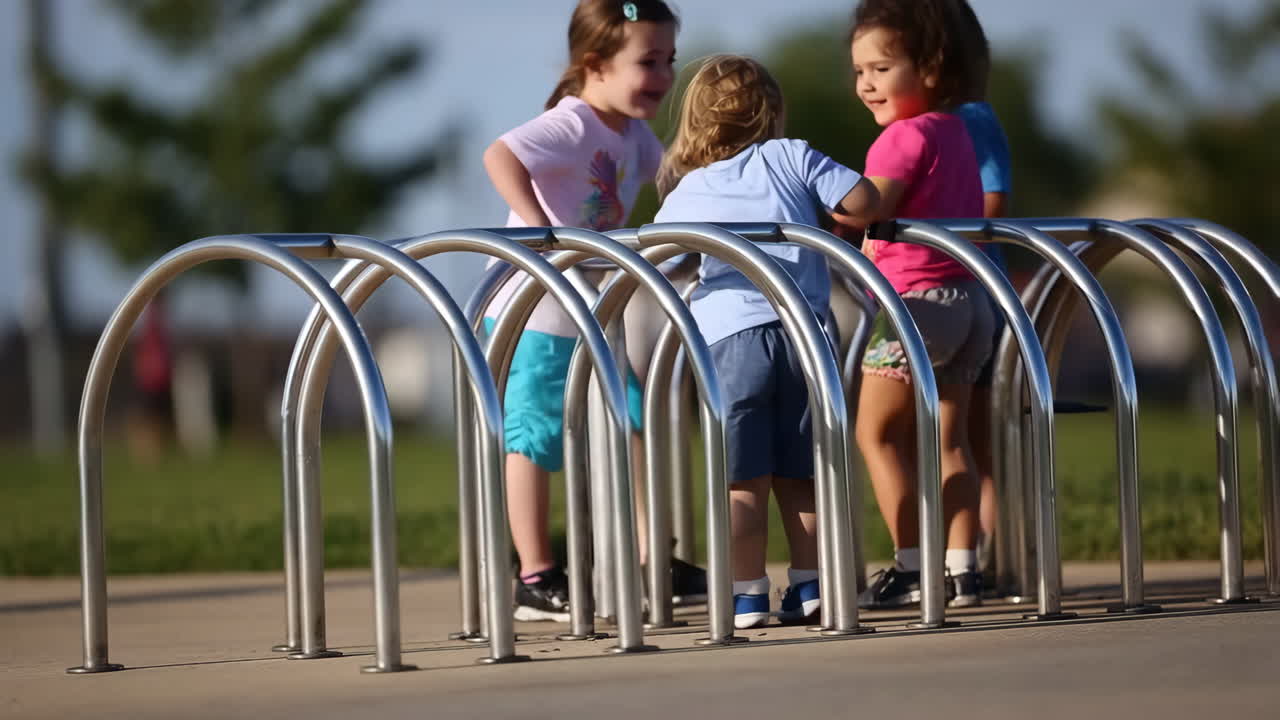 Children playing on a bike rack