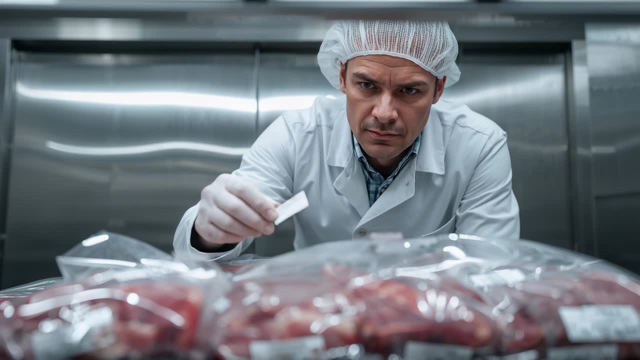 Inspecting worker wearing lab coat gloves for QC, scanning vacuum packs in cold room, picking label