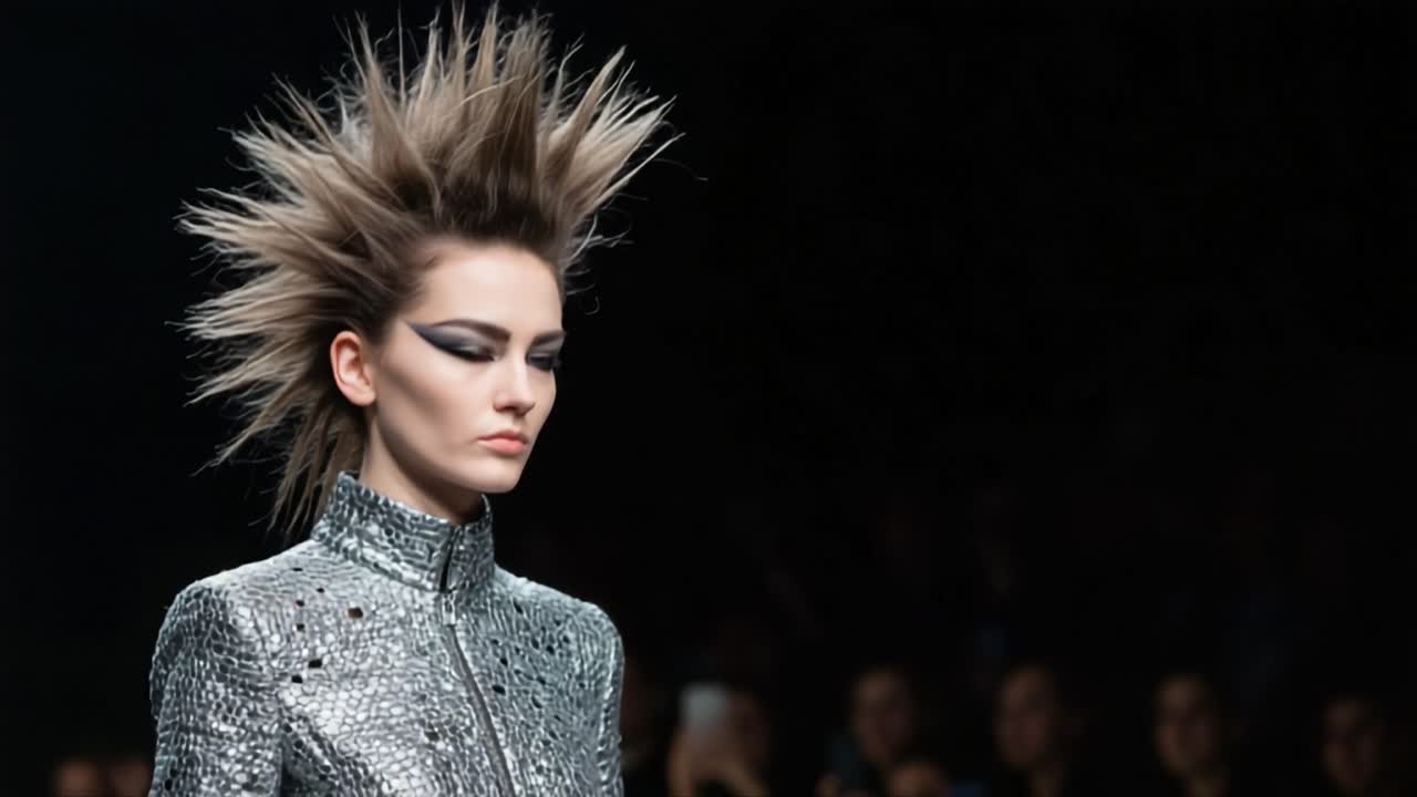 Striking Fashion Model Walks the Runway with Bold Hair and Glimmering Outfit, Showcasing a Unique Style That Captivates the Audience in a High-Energy Environment