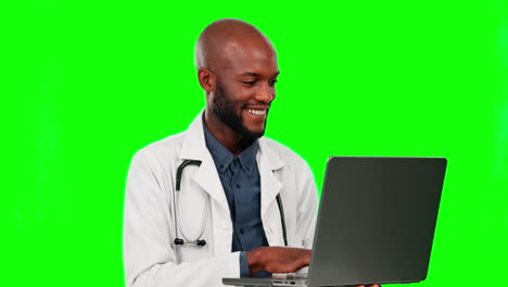 Laptop,-doctor-typing-and-black-man-on-green