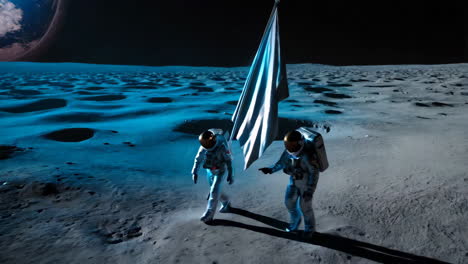 astronauts planting a flag on an alien moon with a distant planet in the sky