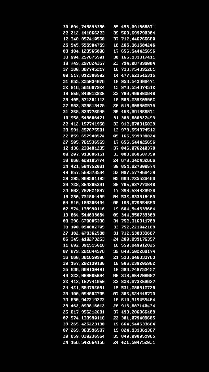 Two vertical columns of fast-moving white decimals and floating point numbers on a black background. Ideal for big data analytics or processing overlays