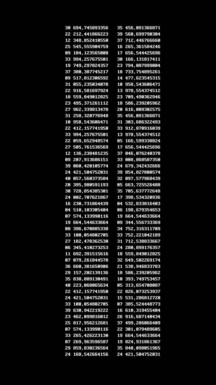 Due colonne verticali di decimali bianchi e numeri in virgola mobile in rapido movimento su uno sfondo nero. Ideale per l'analisi di big data o per sovrapposizioni di elaborazione.