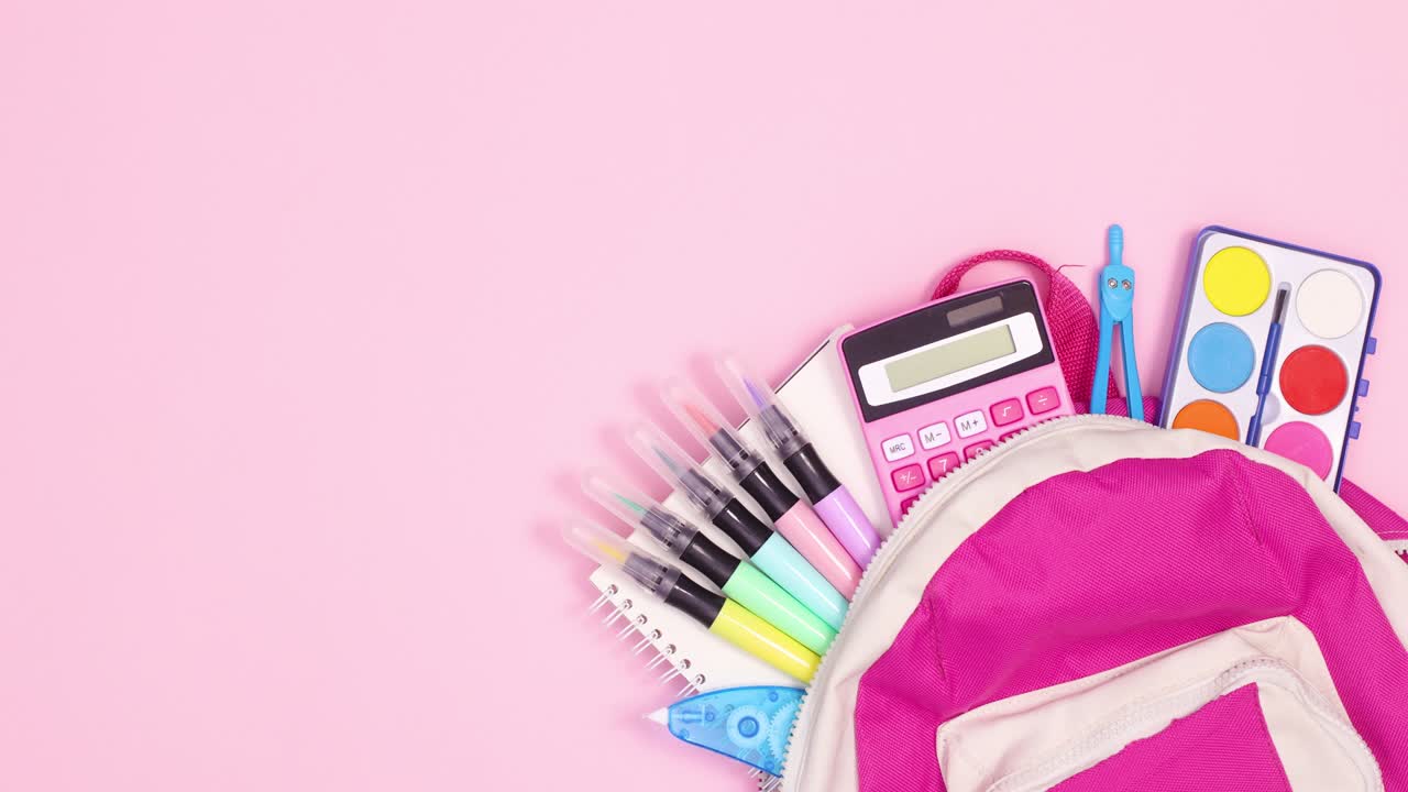 Backpack with school tools appear on right side of pastel pink theme. Stop motion