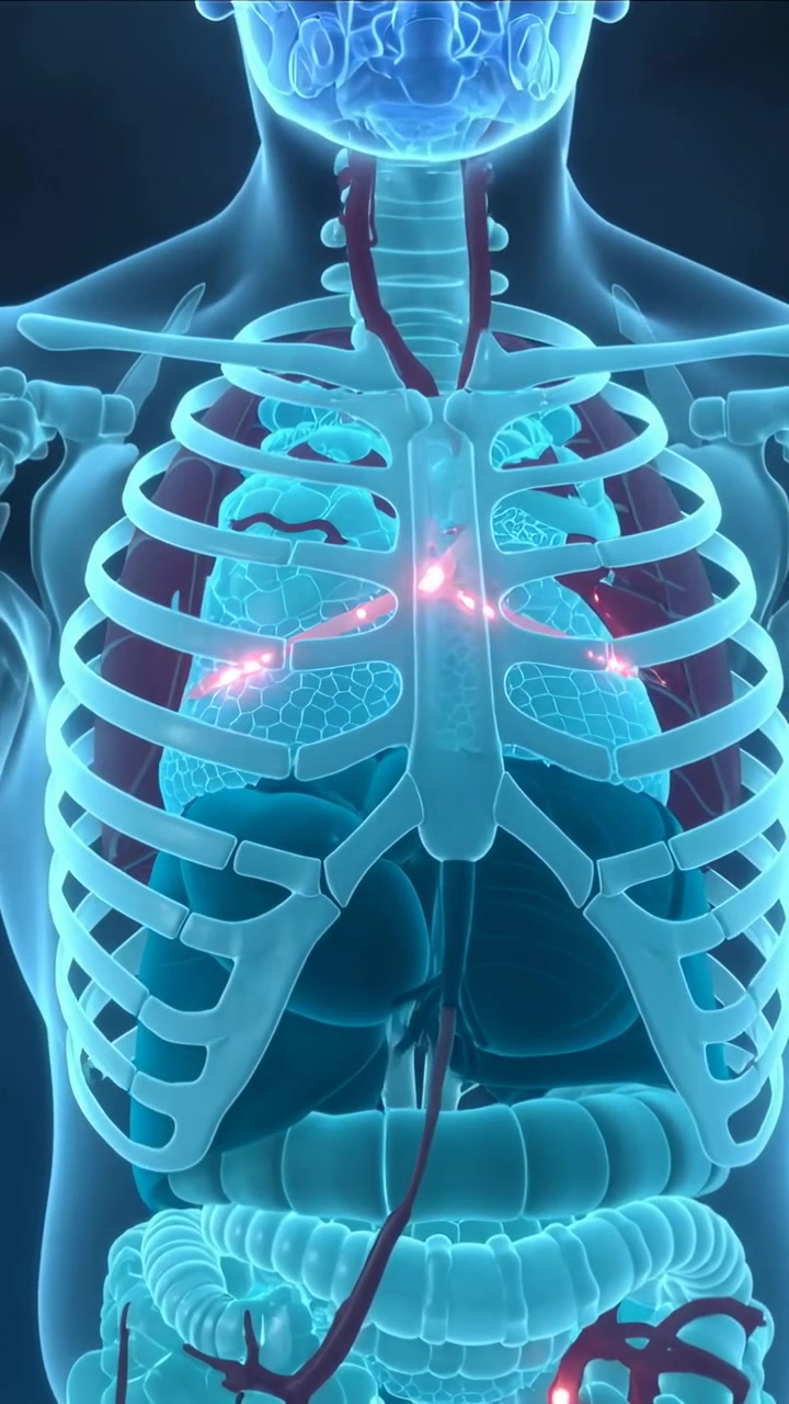 Video verticale: Mostrando un torso con nodi rosa pulsanti in laboratorio mentre la telecamera si sposta, indicando un segnale nei polmoni.