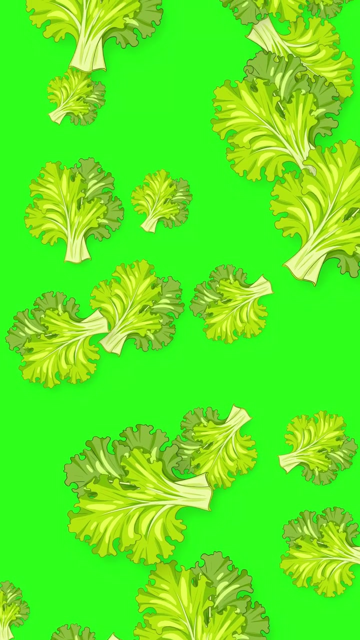 Foglie di lattuga verdi stilizzate cadono e ruotano su uno sfondo verde vibrante con orientamento verticale