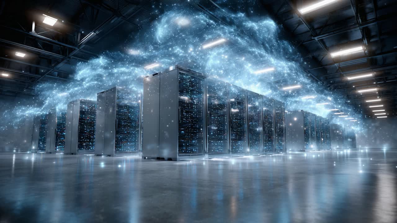 A Futuristic Data Center Filled with Glowing servers and Dynamic Visuals of Cosmic Energy Representing Advanced Technology and Big Data Processing