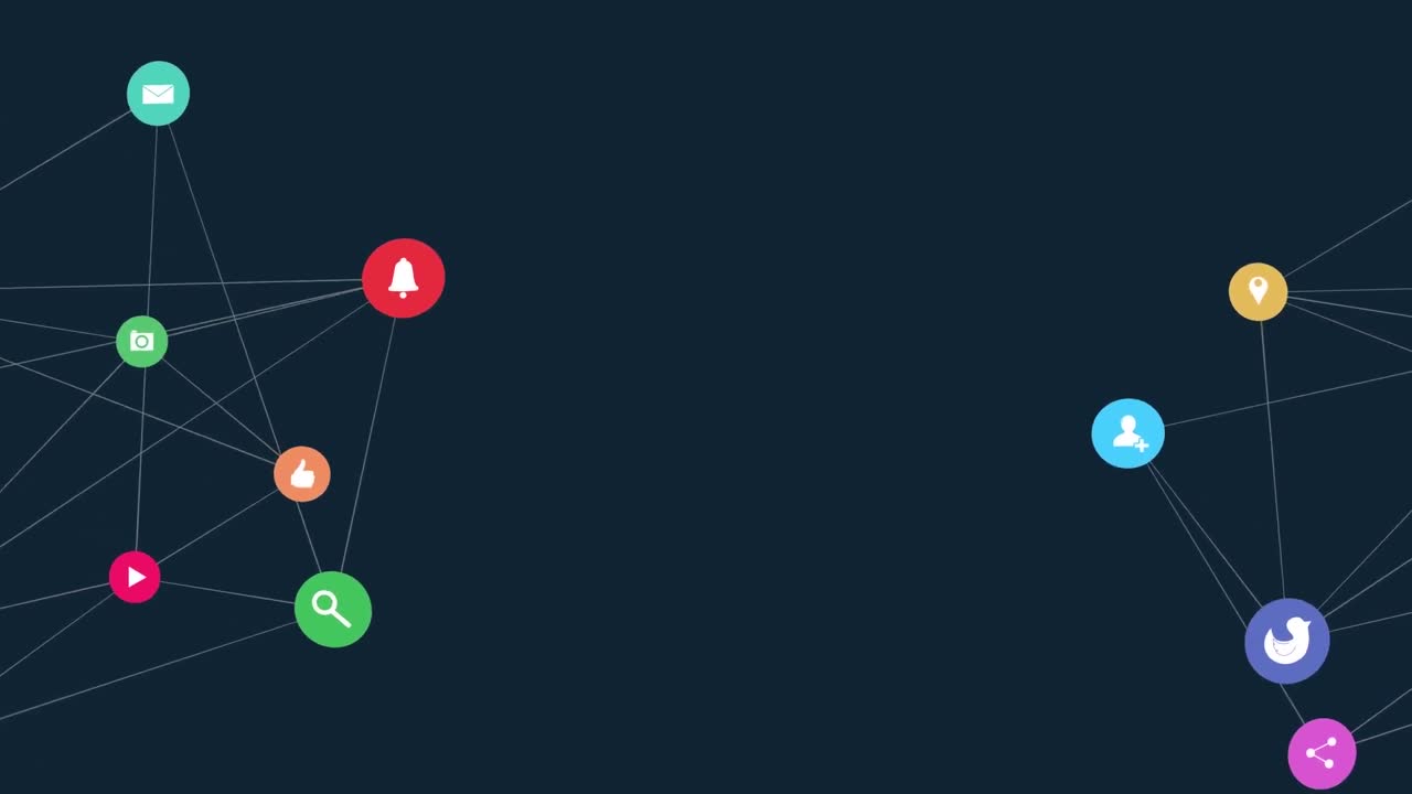 animación de la red de conexiones con iconos de redes sociales en fondo negro