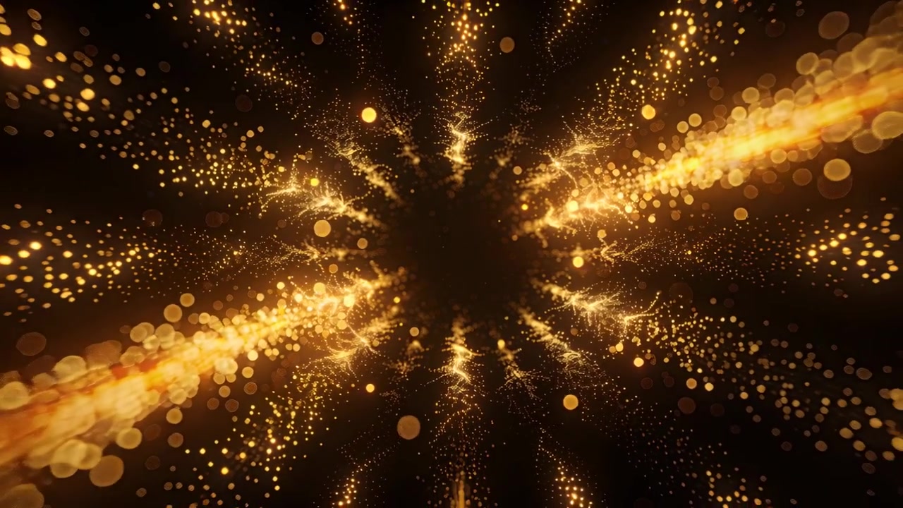 Startende animation af gylden tunnel, der gløder og strømmer udad i et CG-felt for dybde med bokeh-gnister.