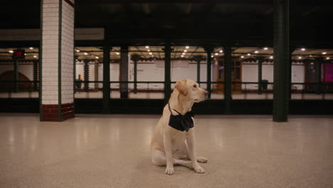 cinematic footage of an elegant dog sitting at the metro station