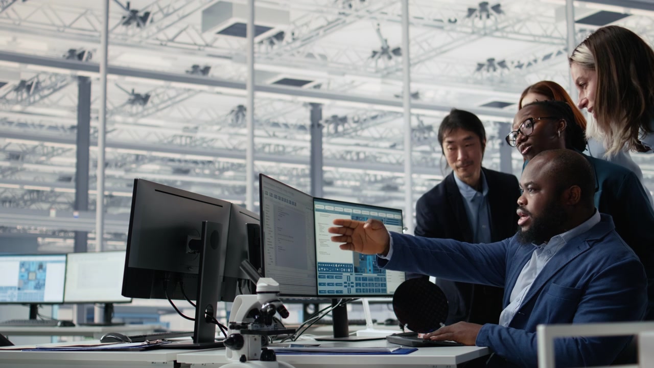 Multiracial men and women in microchip factory office working together